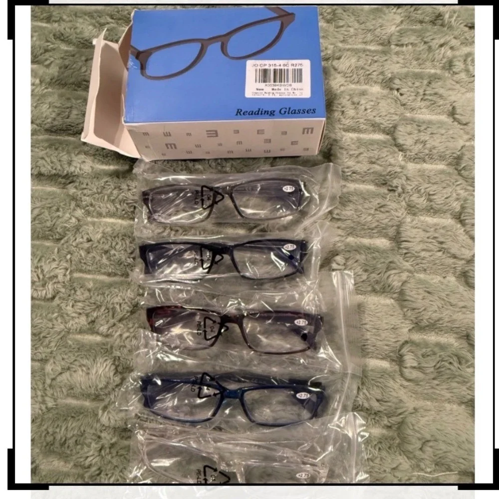 Reading Glasses 4 Pack +2.75 Rectangular Frames Burgundy Blue Brown Torty-shell